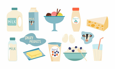 Collection of dairy products. A large collection of dairy products such as milk in different packages, yogurt, cheese, eggs, ice cream, butter. Vector illustration.
