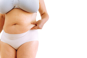 sagging skin with age spots on fat belly, plastic surgery concept - obrazy, fototapety, plakaty