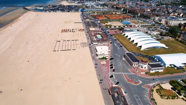Aerial View Of Deauville Beach, Beachfront Hotels, And Eatery In Normandy, France.