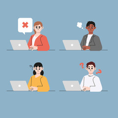 Thinking young people are sitting at desktop. Work the computer, financial analytics. Office worker or company employee. Puzzled and confused people with a question mark. Flat drawn vector design