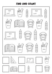 Counting game with cute school supplies. Black and white worksheet.