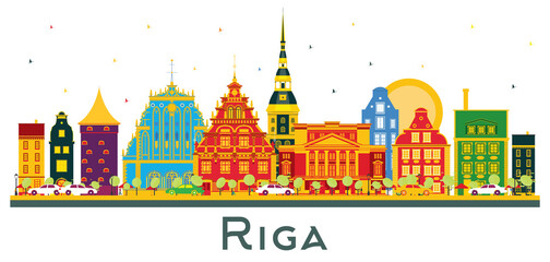 Riga Latvia City Skyline with Color Buildings Isolated on White. - obrazy, fototapety, plakaty