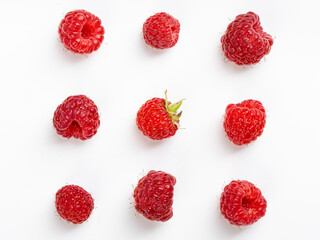 set of beautiful and ripe raspberries isolated on white background