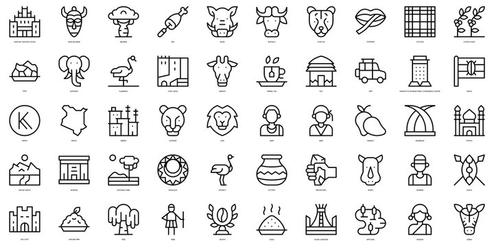 Set Of Thin Line Kenya Icons. Vector Illustration