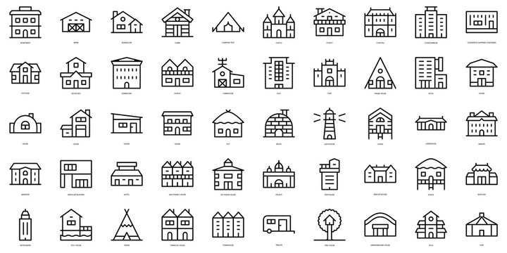 Set of thin line type of houses Icons. Vector illustration
