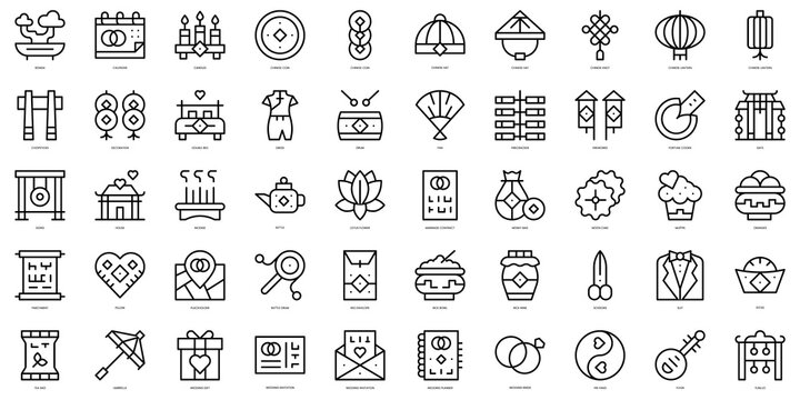 Set of thin line chinese wedding Icons. Vector illustration