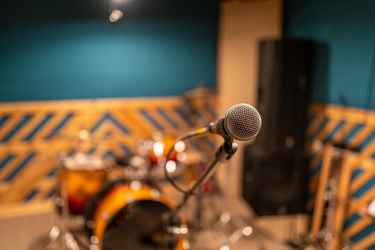 classical vocal microphone in the rehearsal studio close-up. music band rehearsal