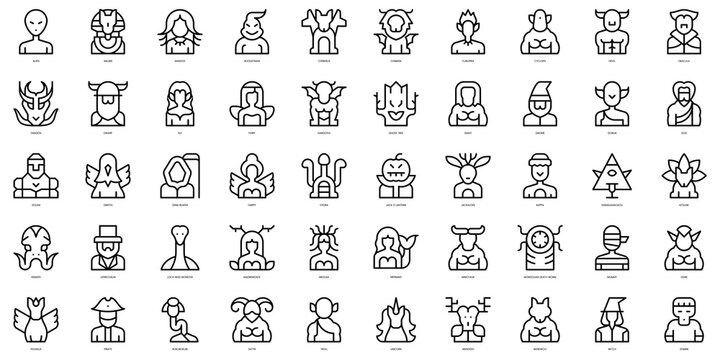 Set of thin line mythical creatures Icons. Vector illustration
