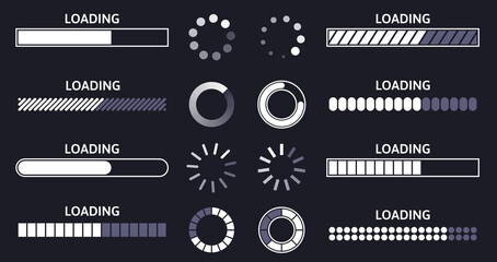 Load indicator. Loading status bar, round buffer download progress and line upload or file transfer waiting bars vector symbols set