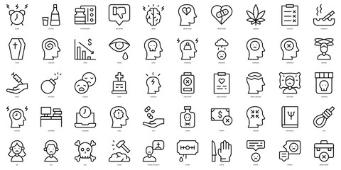 Set of thin line anxiety and depression Icons. Vector illustration