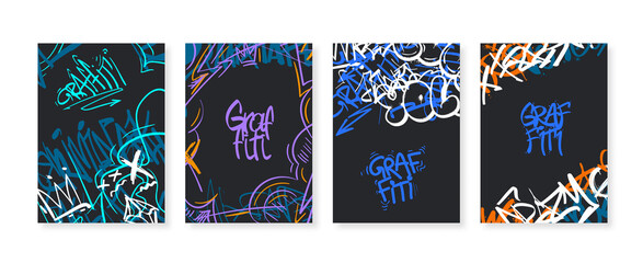 Fototapeta na wymiar Graffiti poster. Street art marker tags, urban underground culture background frames with abstract graffitis vector set