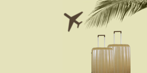 Summer plane travel concept with luxury suitcases. Pastel green background.