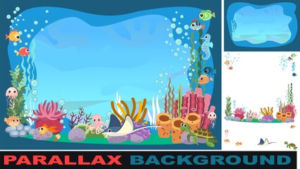 Bottom of reservoir with fish. Set parallax effect. Blue water. Sea ocean. Underwater landscape with animals, plants, algae and corals. Illustration in cartoon style. Flat design. Vector art