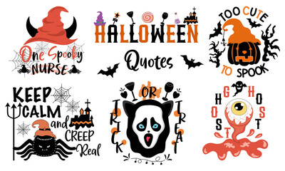 Halloween quotes set designed in doodle style in black and orange tones on white background for Halloween themed decorations, t-shirt design,  bags patterns, mugs, fabric patterns, T-shirts designs