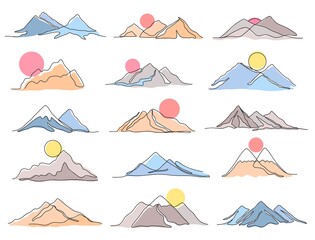 One line mountains range landscape. Sunset sun under mountain peak, minimal outline nature and abstract hill vector illustration set