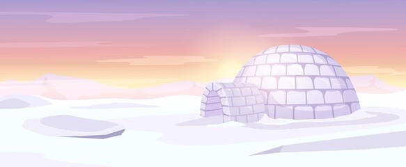 Igloo on Arctic landscape. Ice house, Anarctica snowy background and snow hut vector illustration - obrazy, fototapety, plakaty