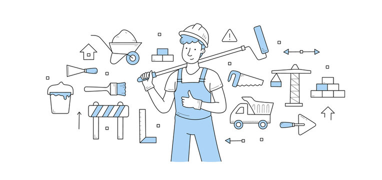 Construction and building doodle concept. Repair service worker in uniform with roller tool. Builder, repairman, renovation employee or foreman character with equipment, Line art vector illustration
