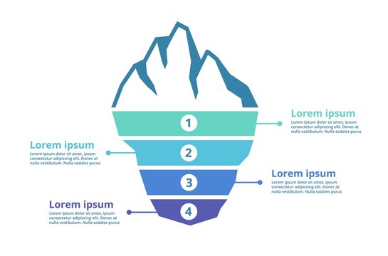Iceberg infographic template. Hidden risks, layered or steps diagram with underwater iceberg part vector illustration