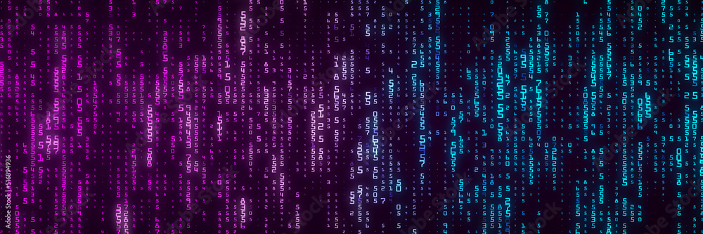 Poster Digital background matrix with transfusion of blue and purple colors. Coding or hacking concept. Abstract data concept. 3d rendering.