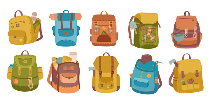 Tourist backpack. Camping bags, hiker knapsack with mountain journey equipment vector icons set