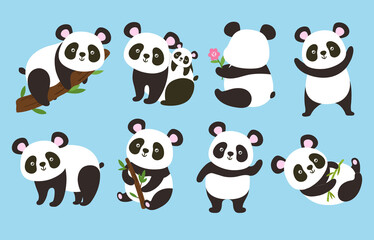 Cute pandas. Cartoon bear mascot, panda with bamboo branch and adorable animal vector illustration set