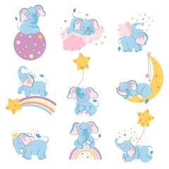 Dreamy elephants character. Cute animal sleep on moon, baby elephant dream on clouds and stars pastel vector Illustration set