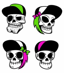 Set of cartoon style skulls in the baseball cap, male and female, isolated on white background.