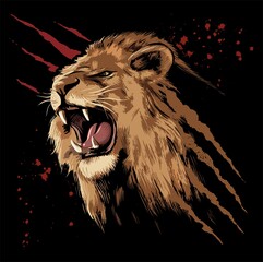Roaring lion face with the claws scratches and blood stains on background. - obrazy, fototapety, plakaty
