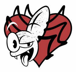 Cartoon style spider character, sitting on the red heart, isolated on white background.