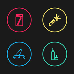 Set line Swiss army knife, Thermos container, Flashlight and Open matchbox and matches icon. Vector