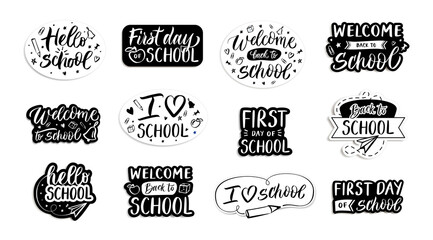 Back to school emblems. Handwritten welcome to school, first day and i love labels. Calligraphy phrase vector set - obrazy, fototapety, plakaty