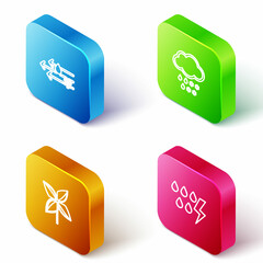 Set Isometric line Wind and rain with snow, Cloud, Pinwheel and Storm icon. Vector