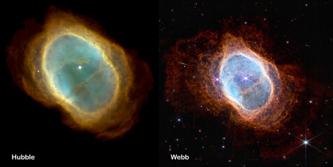 Webb and Hubble telescopes side-by-side comparisons visual gains. Southern Ring Nebula, NGC 3132....