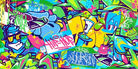Abstract Colorful Urban Graffiti Style Sticker Bombing With Some Street Art Lettering Vector Illustration Background - obrazy, fototapety, plakaty