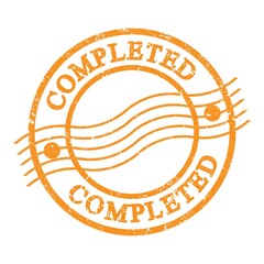 COMPLETED, text written on orange postal stamp.