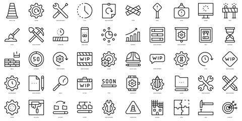 Set of thin line work in progress Icons. Vector illustration