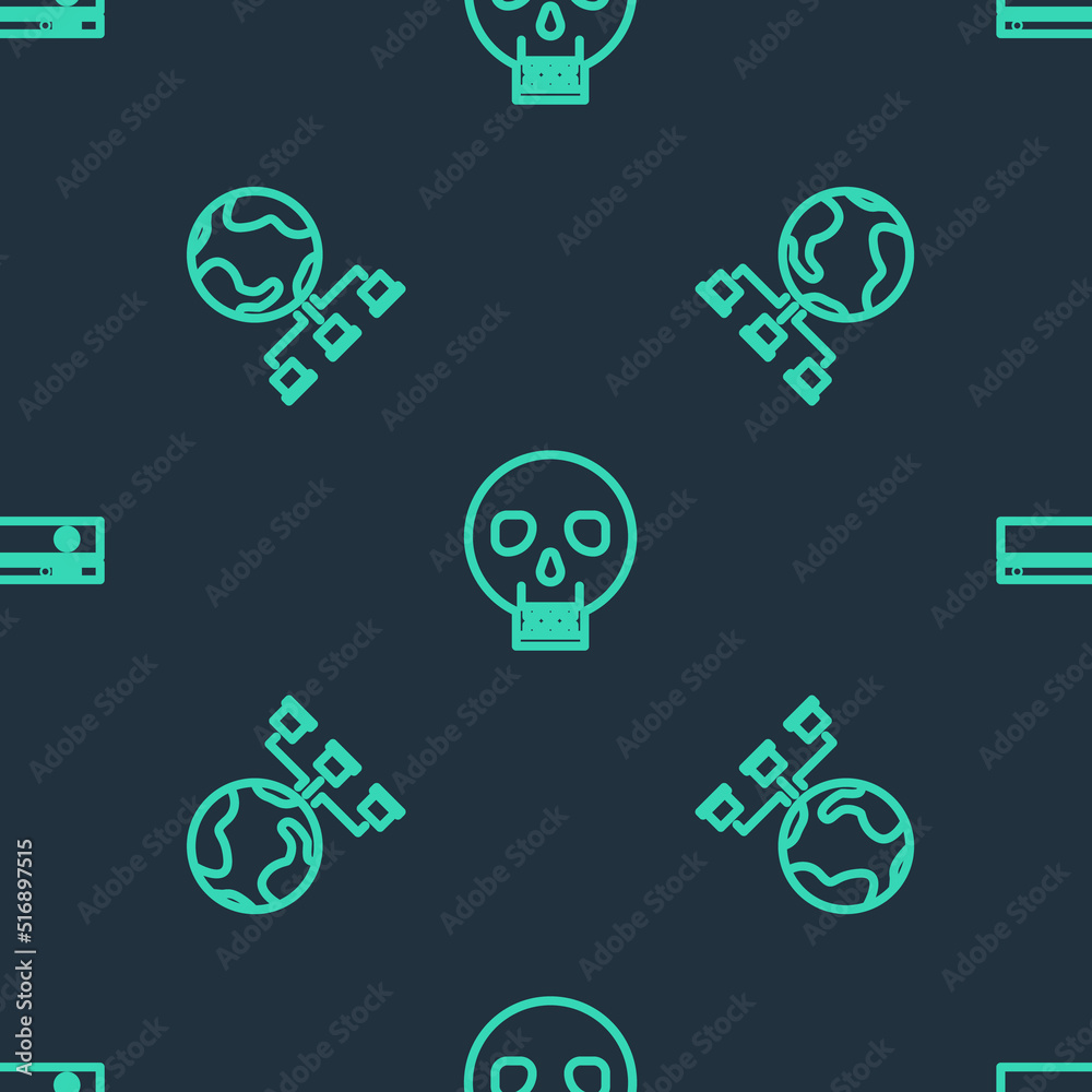 Poster set line skull, computer network and video game console on seamless pattern. vector