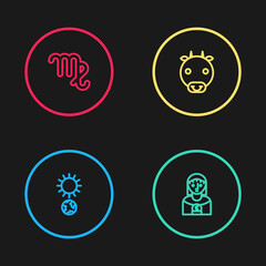 Set line Solstice, Astrology woman, Ox zodiac and Virgo icon. Vector