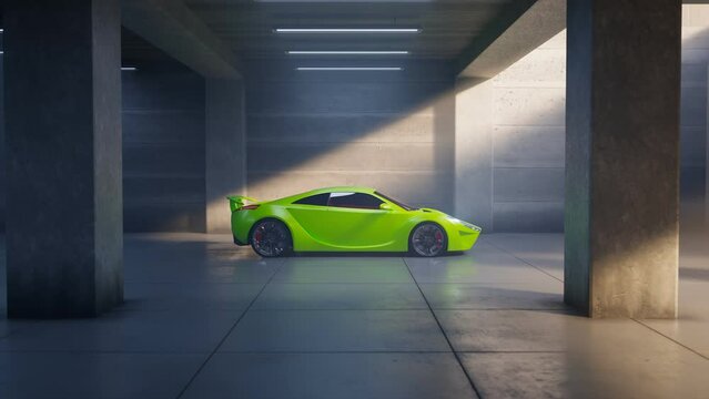 A beautiful, green sports car standing in an abandoned underground garage. 4KHD