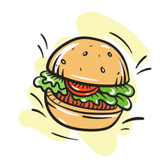 Juicy hamburger in doodle style. Fast food concept. Vector illustration isolated on white background.