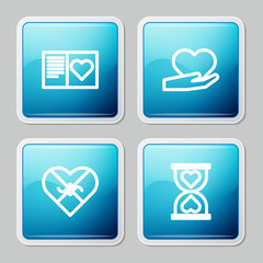 Set line Valentines day flyer with heart, Heart hand, Candy shaped box and the center hourglass icon. Vector