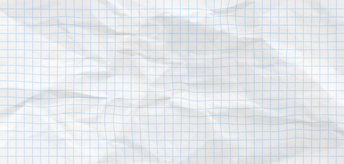 Crumpled blue checkered paper texture realisric vector illustration. White blank notebook sheet with grid, wrinkle and crease effect, note page mock up, educational template