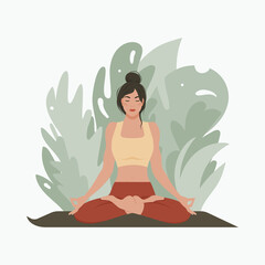 Obraz na płótnie Canvas Sporty young female meditating yoga lotus pose on mat. Concept for yoga, relaxation, relaxation, meditation and healthy lifestyle. Vector illustration in flat style