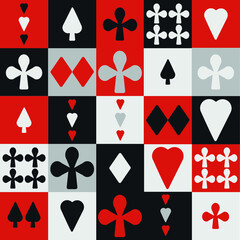 Playing cards seamless pattern, Alice in Wonderland pattern, Spades, hearts, diamonds, and clubs icons, black, red, and white pattern