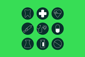 Healthcare icon set, Medical icons vector collection, tooth, cross, heartrate, syringe, pill, flask, and bottle