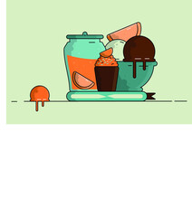 Summertime food vector illustration, orange juice, cupcake, and ice-cream bowl minimalist illustration