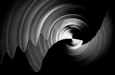 Wavy, transparent, striped planes rotate on a black background. Monochrome abstract fractal background. 3d rendering. 3d illustration.