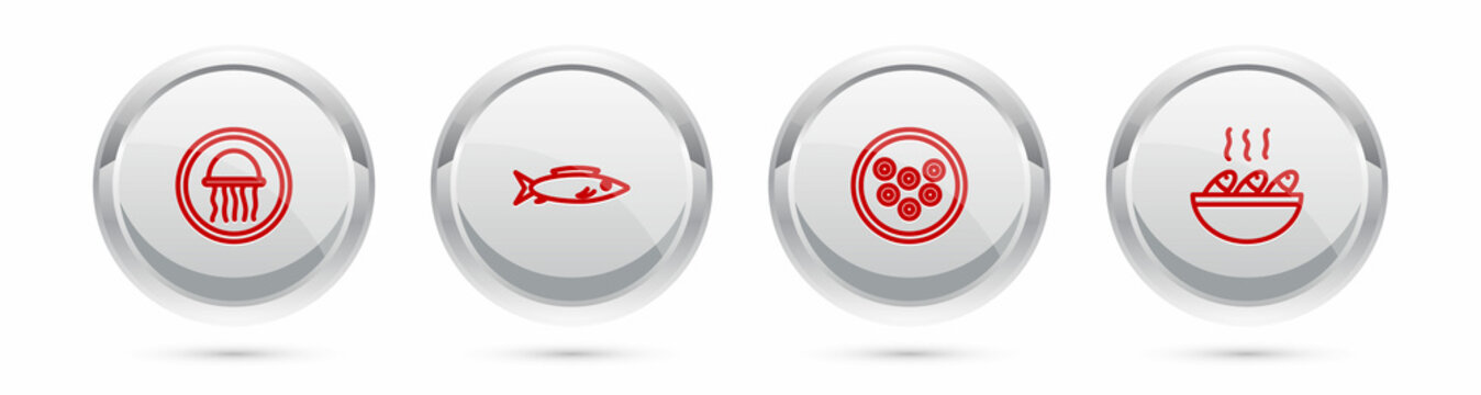 Set line Jellyfish on a plate, Fish, Caviar and soup. Silver circle button. Vector