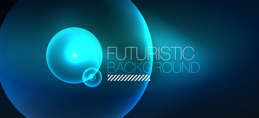 Shiny neon geometric abstract background. Glowing lights on round shapes, triangles and circles. Wallpaper for concept of AI technology, blockchain, communication, 5G, science, business