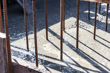 Reinforcement prepared for pouring a reinforced concrete foundation or grillage. Preparation of the base for pouring concrete. Close-up.